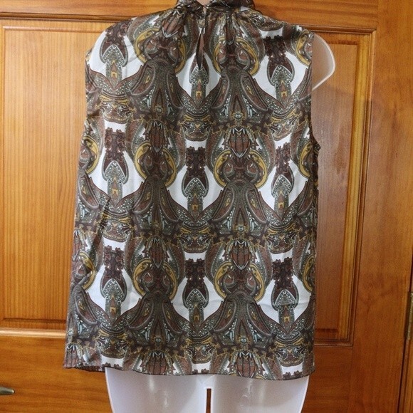 Magaschoni Heritage Paisley Silk Pussycat Bow Top Size 14 Brown Print Elegant - Picture 10 of 16